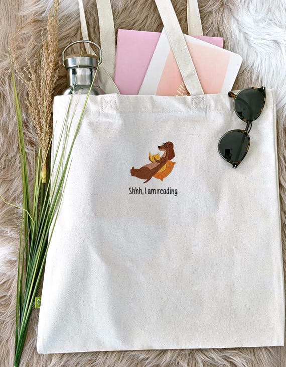 Tragetasche Dackel Geschenke Leseratte Dachshund bestickte Geschenke Buchliebhaber Jutebeutel Dackel lesen Geschenk Freundin Hunde Mama