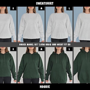 May include: A collection of light gray sweatshirts and dark green hoodies displayed in sizes S, M, L, and XL. The image includes the text SWEATSHIRT, HOODIE, and UNSER MODEL IST 1,65M GROB UND WIEGT 57 KG, showing fit variations across sizes.