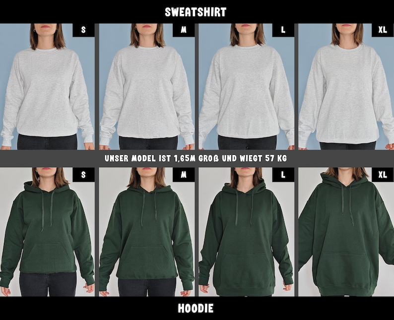 May include: A collection of light gray sweatshirts and dark green hoodies displayed in sizes S, M, L, and XL. The image includes the text SWEATSHIRT, HOODIE, and UNSER MODEL IST 1,65M GROB UND WIEGT 57 KG, showing fit variations across sizes.