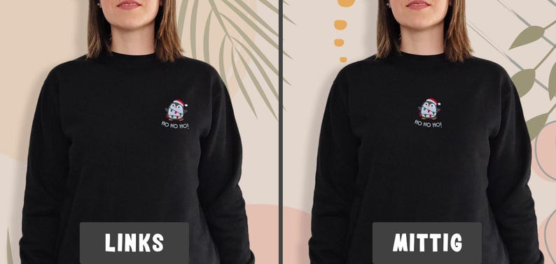 May include: A black long-sleeve sweatshirt featuring a small embroidered graphic on the left chest of a penguin wearing a Santa hat and scarf, with the text "HO HO HO!" embroidered in white thread underneath the penguin figure.