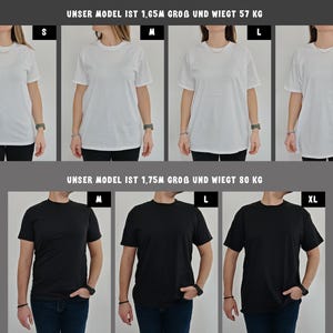 May include: Size chart showing a white t-shirt on a model who is 5'5" tall and weighs 125 lbs, and a black t-shirt on a model who is 5'9" tall and weighs 176 lbs. The chart shows sizes S, M, L, XL, and XXL.