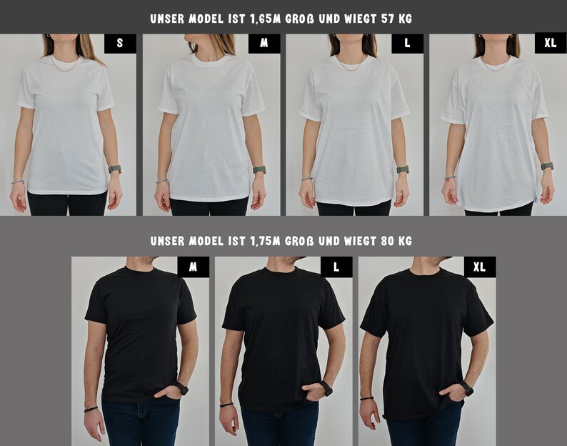 May include: Size chart showing a white t-shirt on a model who is 5'5" tall and weighs 125 lbs, and a black t-shirt on a model who is 5'9" tall and weighs 176 lbs. The chart shows sizes S, M, L, XL, and XXL.