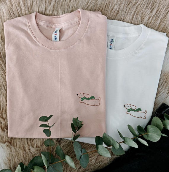 Dackel T-shirt Hund bestickt Damen Tshirt lustig Dachshund gestickte Dackel Geschenke Hunde Papa T-shirt Hunde Mama Geschenke Hundebesitzer