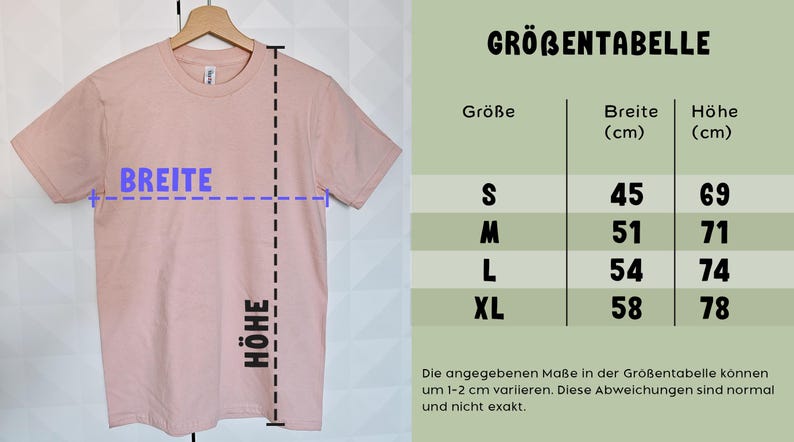 May include: A size chart for a pink t-shirt with measurements in centimeters. The chart shows the width and height of the shirt in different sizes: S, M, L, and XL.
