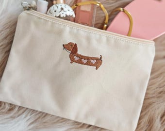 Kosmetiktasche Hund | Geschenk für Dackelliebhaber | Schminktasche Dackel bestickt | Schminktasche süßer Dackel | Kulturtasche Hunde Motiv