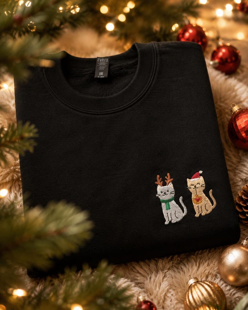 May include: A black crewneck sweatshirt featuring an embroidered design of two cats. One cat is light gray with brown reindeer antlers and a green scarf, while the other is tan with a red Santa hat and a small red heart on its chest.