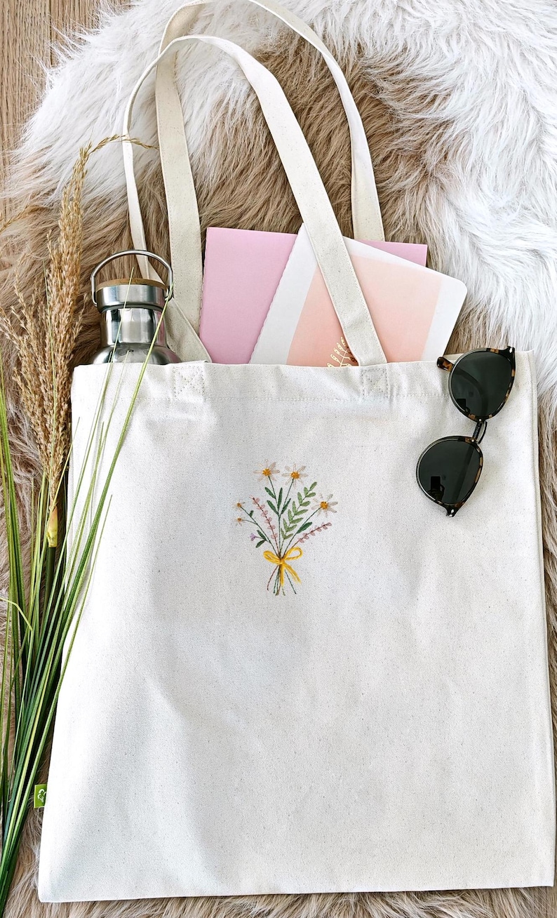 Jutebeutel Blumen last minute Geschenke bestickte Blumen Tasche Damen wilde Blumen Tragetasche gestickte Blumen Tasche Freundin Geburtstag image 1