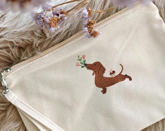 Geburtstagsgeschenk Dackel | Bestickte Kosmetiktasche Hundeliebhaber | Dackel Geschenk zum Geburtstag Freundin | Schminktasche Hunde Motiv