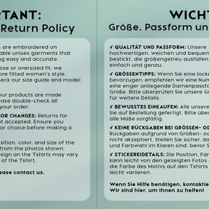 May include: A teal and light green graphic with the text "IMPORTANT: Size, Fit, and Return Policy" and "WICHTIG: Gr&ouml;&szlig;e, Passform und R&uuml;ckgaberecht". The text provides information about sizing, returns, and product details.