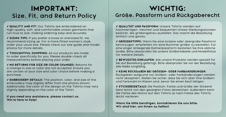 May include: A teal and light green graphic with the text "IMPORTANT: Size, Fit, and Return Policy" and "WICHTIG: Gr&ouml;&szlig;e, Passform und R&uuml;ckgaberecht". The text provides information about sizing, returns, and product details.