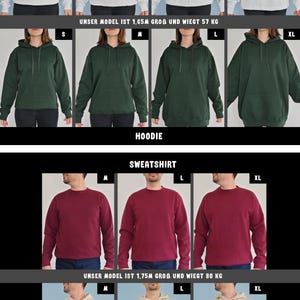 May include: A collection of long-sleeve sweatshirts and hoodies in light gray, dark green, maroon, and beige. The garments are displayed in sizes S, M, L, and XL, with text labels indicating SWEATSHIRT and HOODIE for each row of clothing items.