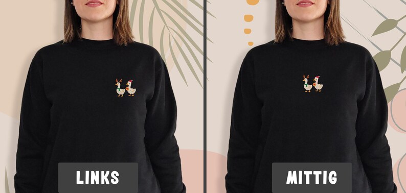 May include: Black sweatshirt with a small embroidered design of two geese, one wearing a Santa hat and the other wearing antlers. The word "LINKS" is printed on a black rectangle at the bottom of the image.