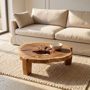 Peut inclure: Une table basse ronde fabriquée à partir d'une tranche de bois naturel avec un creux central proéminent et des motifs de grain visibles, soutenue par quatre pieds en bois épais. Un bol en céramique blanche repose sur la table.