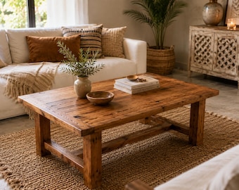 Rustic Antique Oak Reclaimed Barnwood Coffee Table, Farmhouse Living Room Furniture