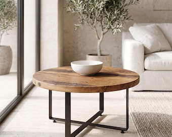 Rustic Farmhouse Round Wood Coffee Table, Industrial Metal Legs, Handcrafted Furniture