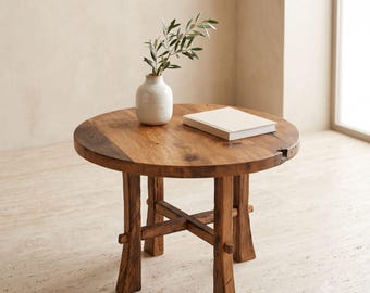 Reclaimed Oak Round Coffee Table, Rustic Boho Farmhouse Furniture