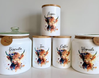 highland cow tea, coffee, sugar canisters, biscuit jar, utensils jar, highland cow, highland cow decor