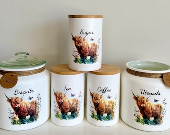 highland cow tea, coffee, sugar canisters, biscuit jar, utensils jar, highland cow, highland cow decor