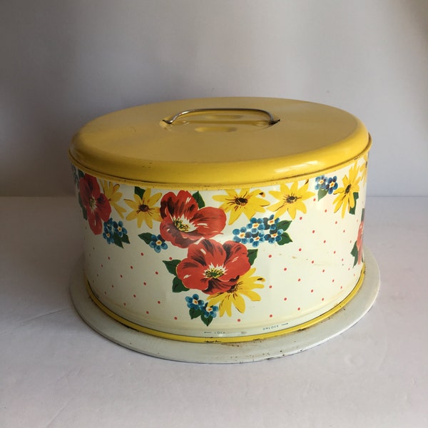 Tin Cake Holder Safe Bright Cheerful Yellow and Red Cottage Floral Print 1940's Turn Lock Top