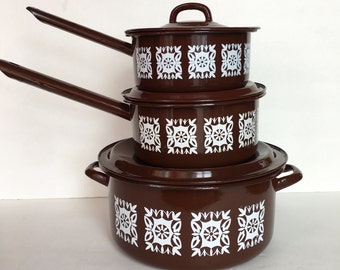 Mid Century Enamel Cooking Pot Set Made in Poland Brown and White Floral Tile Design Set of Three with Lids