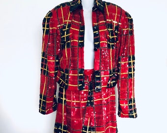 Modi Sequin Plaid Two Piece Cropped Jacket and Shorts Red Buffalo Plaid Size Medium Party Statement NYE