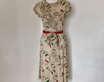1940s Womens Dress XXS Textured Rayon Three Dimensional Piping Details Matching Bow Belt