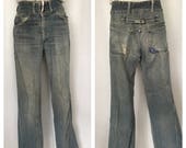 Vintage Denim Jeans Distressed Cinch Back High Waisted 1970 39 s Double Snap Button Patch Baby Bell Bottoms 31 Inch Waist