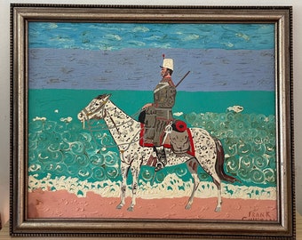 Vintage Painting Man Riding a Horse by the Sea Acrylic on Board