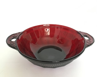 Coronation Red Berry Bowl by Anchor Hocking Ruby Red Depression Glass Fancy Glass Dessert Holiday Service Lugged Handled Bowl