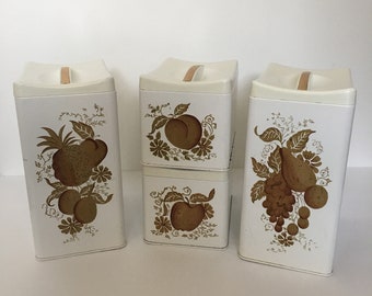 Canister Set Ransburg Indianapolis White and Gold Handpainted Metalware Four Piece Fruit