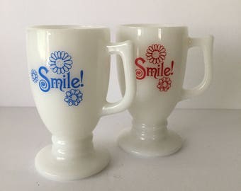 SMILE Type Font Milk Glass Pedestal Coffee Mug Daisy Happy Good Morning Set of Two White and Red White and Blue