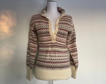 1970’s Stripe Multi Knit Taupe and Mauve Bohemian Sweater Lace Knit Wool or Alpaca Blend Apertif