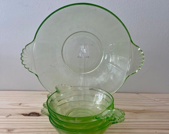 Uranium Glass Serving Bowl and Dessert Bowl Set Five Piece Uranium Glass Glowing Antique Bowls