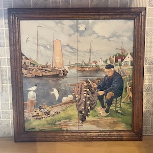 Royal Mosa Holland 4 Part Ceramic Tile Art Hanging Ter Steege The Fishing Net Mender 1984 Fisherman Sea Wharf Framed