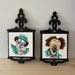 Cast Iron and Ceramic Tile Trivet Scary Clown Creepy Halloween Decor Johanna Ceramics