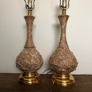 Mid Century Table Lamps Ceramic Spatter Glaze Drip glaze Metallic and Matte Hold Accents Matching Pair Taupe Pink White and Gold