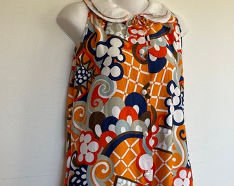 1960’s MOD Jumpsuit Sleeveless Romper Long Pant Lounge Wear BOLD Funky Pattern Size Small Orange Blue White