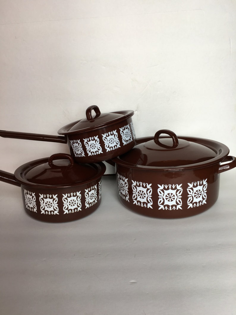 Mid Century Enamel Cooking Pot Set Made in Poland Brown and Etsy