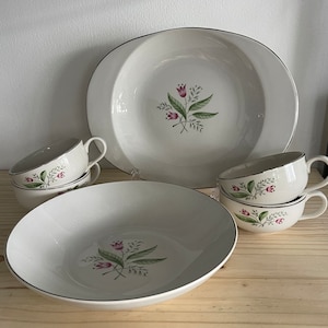 Royal China Sussex Platinum Trim Pink Tulip Green Lead Botanical 1950s Mid Century Dining CHOICE Vegetable Bowl Mugs or Lug Handle Platter