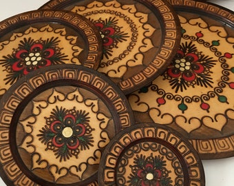 Wood Burned and Painted Platters Set of Seven Stacking Nesting Matched Czechoslovakian Folk Art Wall Hanging