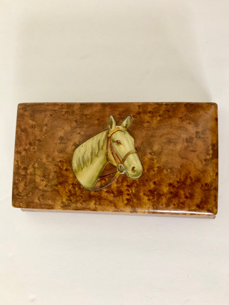 Vintage Storage Tin Fois Bois Burl Wood Printed Tin with Embossed Horse Head