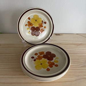 Tropicana by JI StoneCrest Andre Ponche Brown/Yellow/Rust Pattern 1970s Stoneware Bread Butter Small Sandwich Plates Set of Four