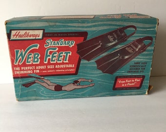 Healthways Vintage Web Feet Scuba Skorkle Gear Rubber Swimming Fins in Original Box 1960's