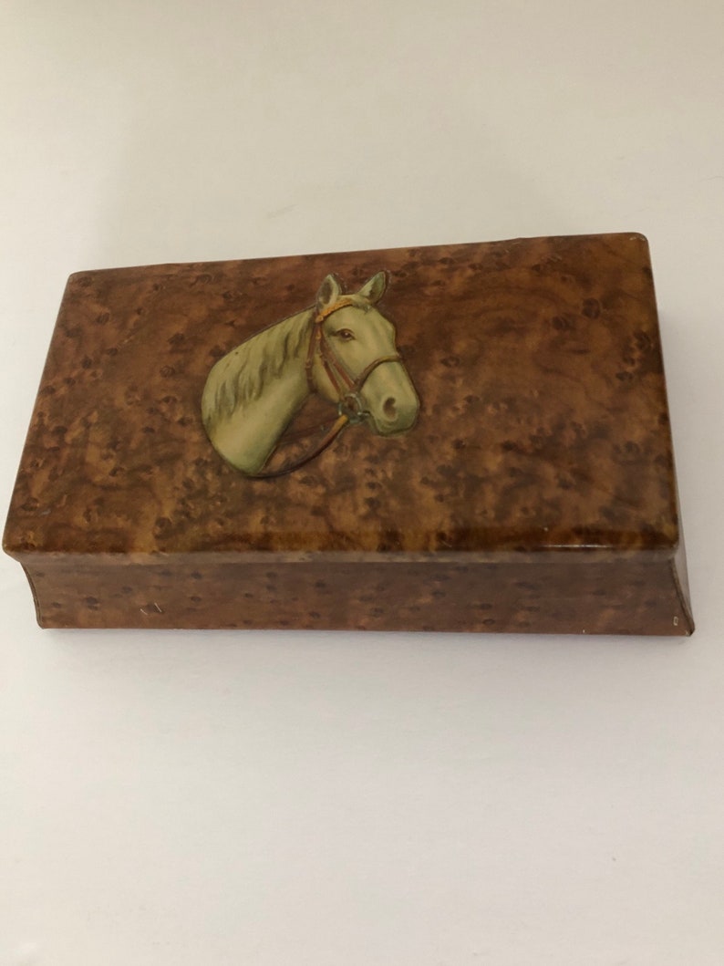 Vintage Storage Tin Fois Bois Burl Wood Printed Tin with Embossed Horse Head