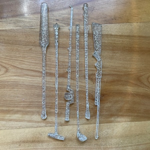 Outdoor Sport Swizzle Sticks Set Six Clear and Silver Glitter Vintage Barware Mixology Craft Cocktail Garnish Rifle Golf Fishing Pole