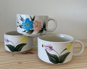 Vintage Stacking Floral Mugs Stoneware Speckled with Flowers Trio Set of Three