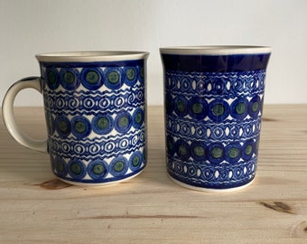 Vintage Handmade Mug and Tumbler Pair  Blue Green Folk Pattern Pair of Mugs