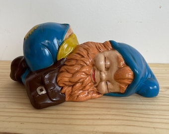 Ceramic Garden Gnome Sleeping Blue Elf Fae Cottage Core Fairy Core Decor 1990’s Handpainted Slip Cast Statue