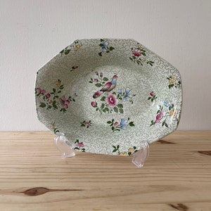 F Winkle & Co Wessex Oval Vegetable Serving Bowl Green Transferware Floral and Bird Edwardian Era Dinnerware 1910s