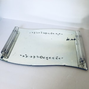 Etched Glass Dresser Tray Mirror with Molded Glass Tube Handles Unique Shabby Chic Romantic